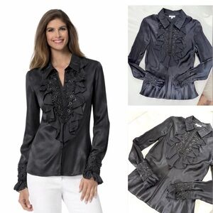 Vintage Cache Embellished Black Satin Blouse